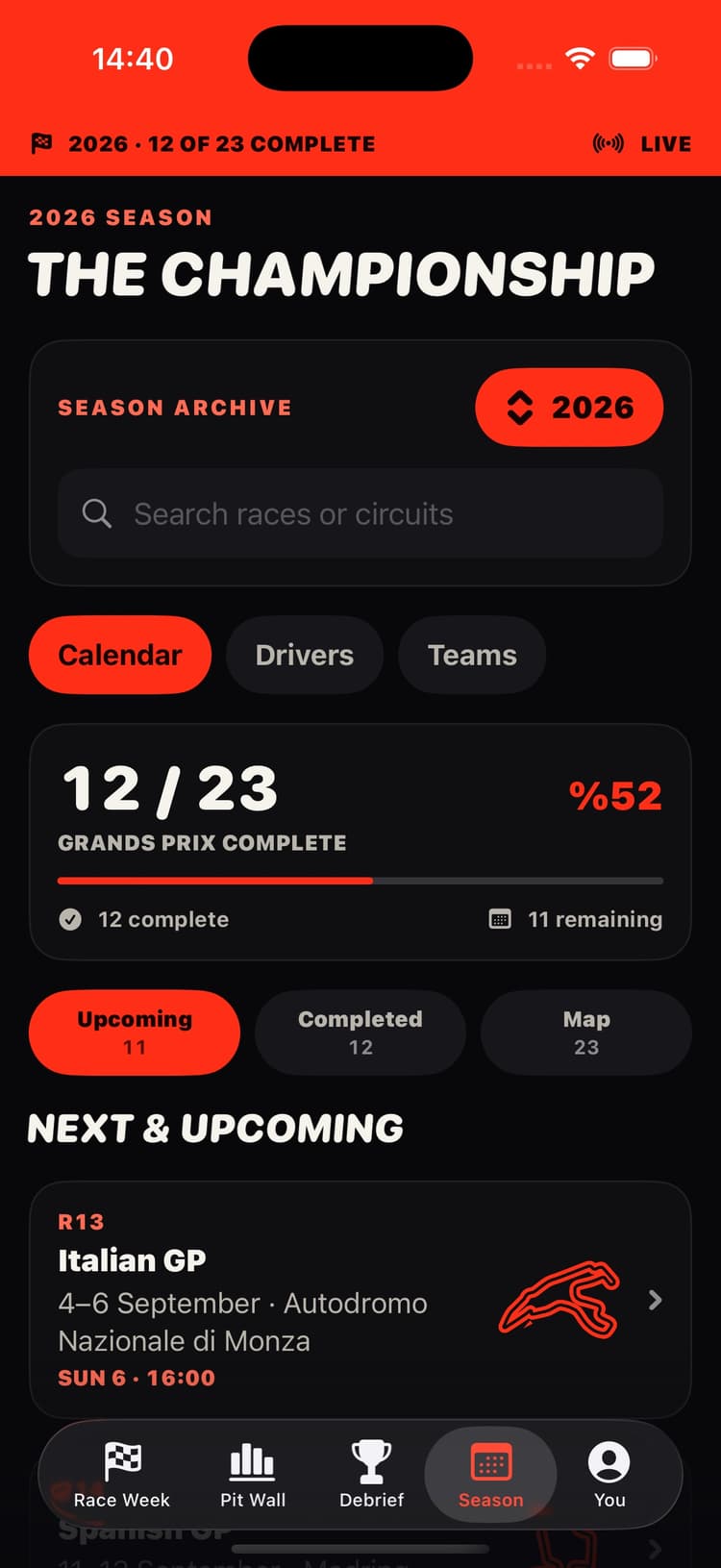 Season calendar in Race Control